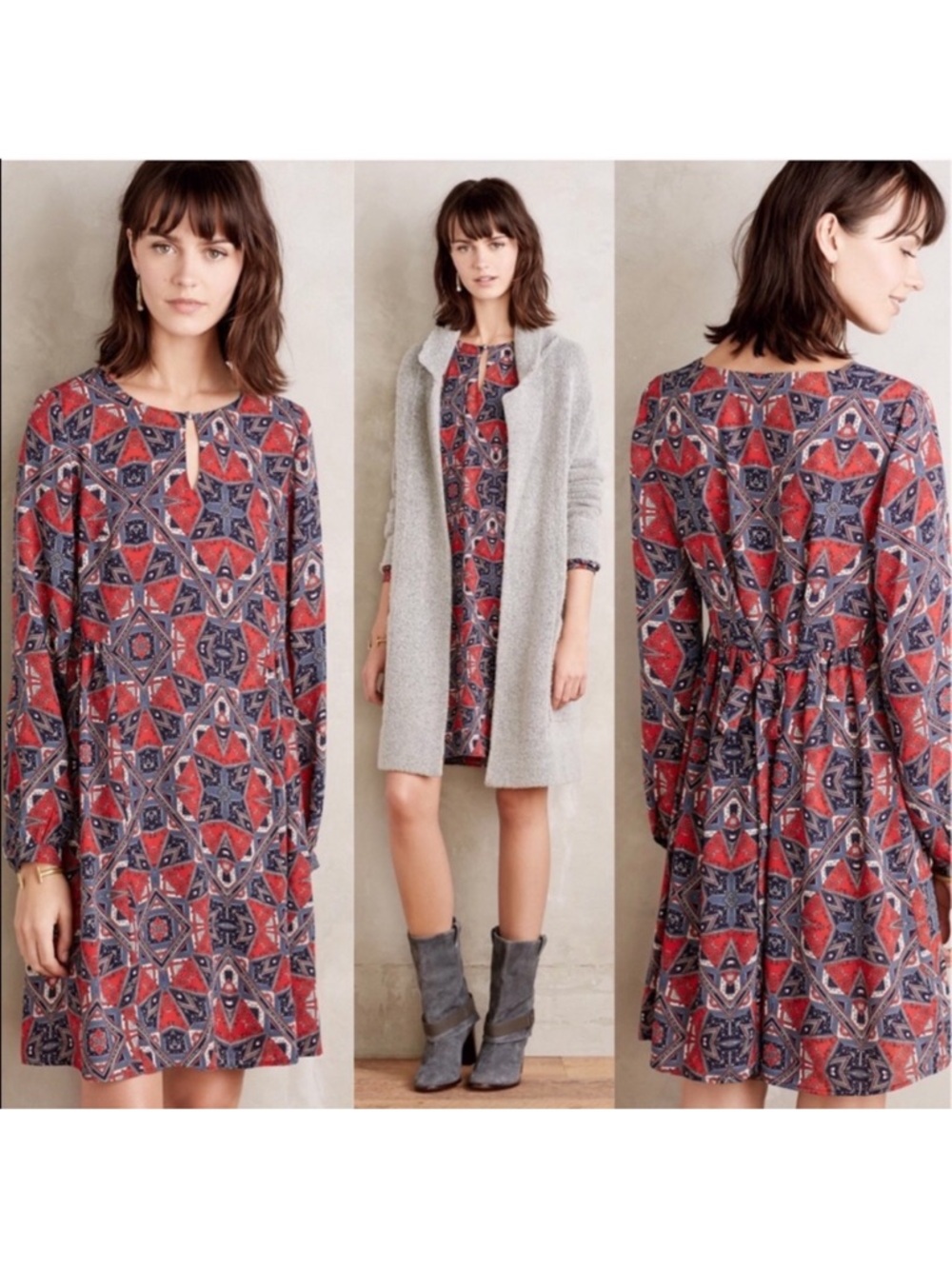 Anthropologie PaperCrown Dress Swing Red Blue Efflorescence NWT Lrg tunic shift